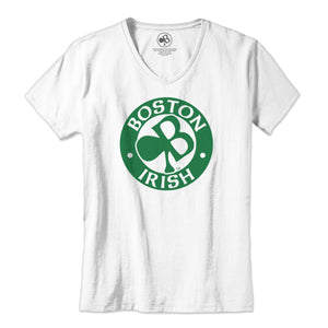 *Clearance* Women's White V-Neck Short Sleeve T-Shirt | Front Centered Green Logo